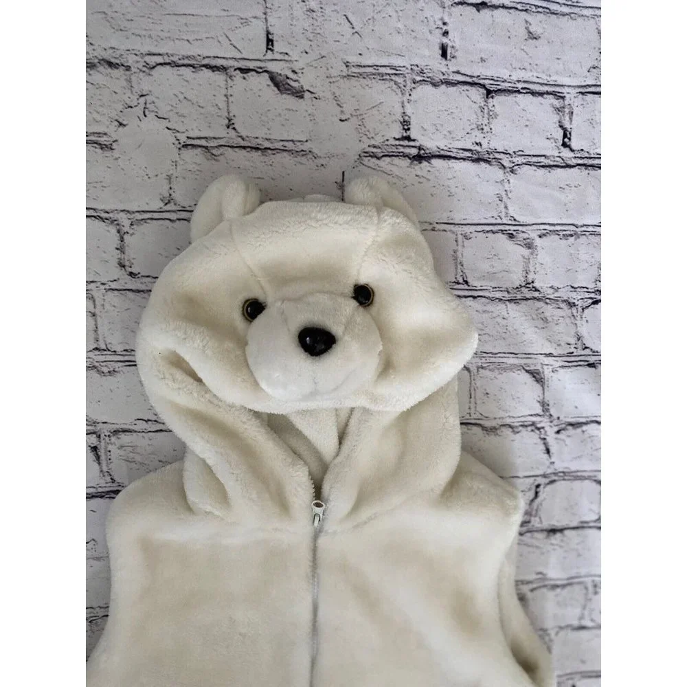 Fleece Polar Bear White‎ Faux Fur White Hooded Vest Size Small Youth Vintage Zip